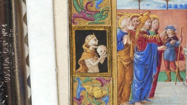 Lil skeleton buddy just wants to show Jesus the skull he found.(Morgan Library, MS m305, f. 159v)