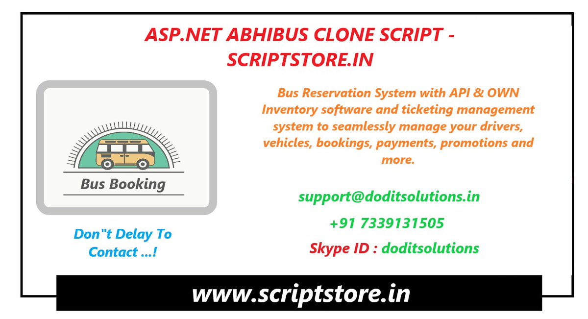Dod_itSolutions's tweet image. #AbhibusCloneScript , #OnlineBusBookingScript , #PHPBusBookingScript , #AbhibusClone , #ReadymadeBusBookingScript , #Scriptstore.in
Contact :
Skype ID : doditsolutions
Email : support@doditsolutions.in , 
Mobile   : +91 7339131505
Link : scriptstore.in/product/asp-ne…