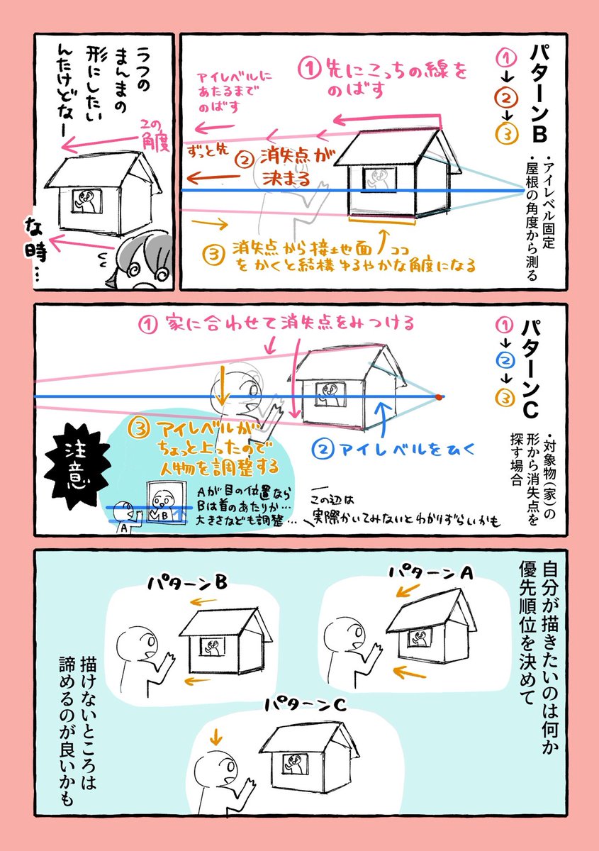 前回の消失点の続きです。
消失点の決め方を3パターン描いてみました!どこの角度を優先するか、アイレベルを優先するかで消失点の場所て変わりますね〜?少しでも参考になれば…消失点編はもう少し続きます。 #背景描き方漫画 