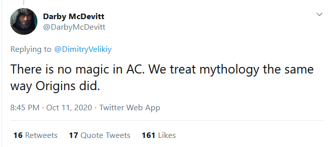 Narrative Director Darby McDevitt stated that in #AssassinsCreed there is no magic and that #AssassinsCreeValhalla will treat mythology the same way as Assassin's Creed Origins.

What sci-fi elements do you expect to see in the game then?