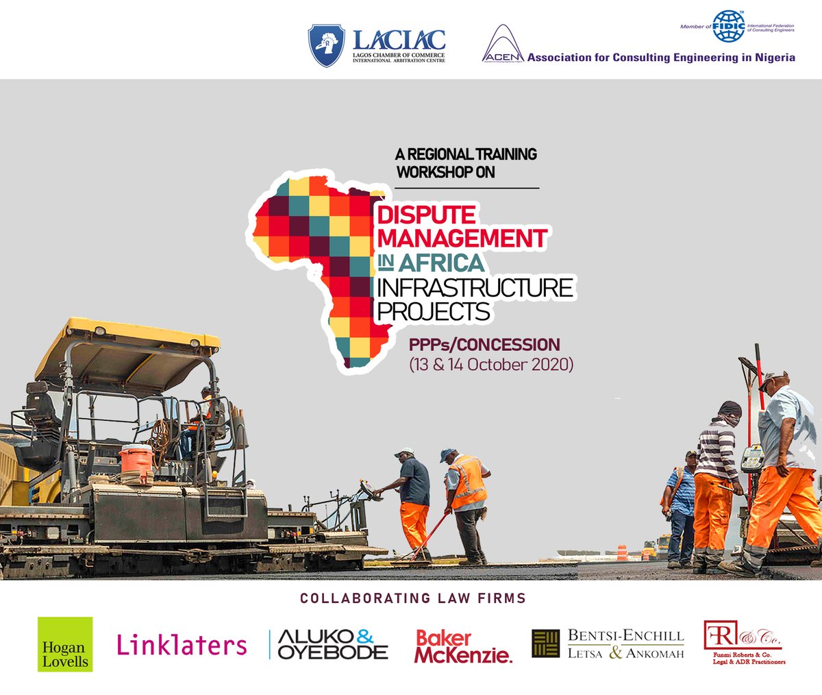 Join us for week 2 of the Regional Training Workshop on #DisputeManagement in #Africa #Infrastructure Projects.

🗒️Topic: #PublicInfrastructure/#PPP/#Concession
📅Date: 13 & 14 October 2020
📒Agenda: bit.ly/3701Kn0.
🌍Register: bit.ly/2SPaZhH.

#DiMAP2020 #DiMAP