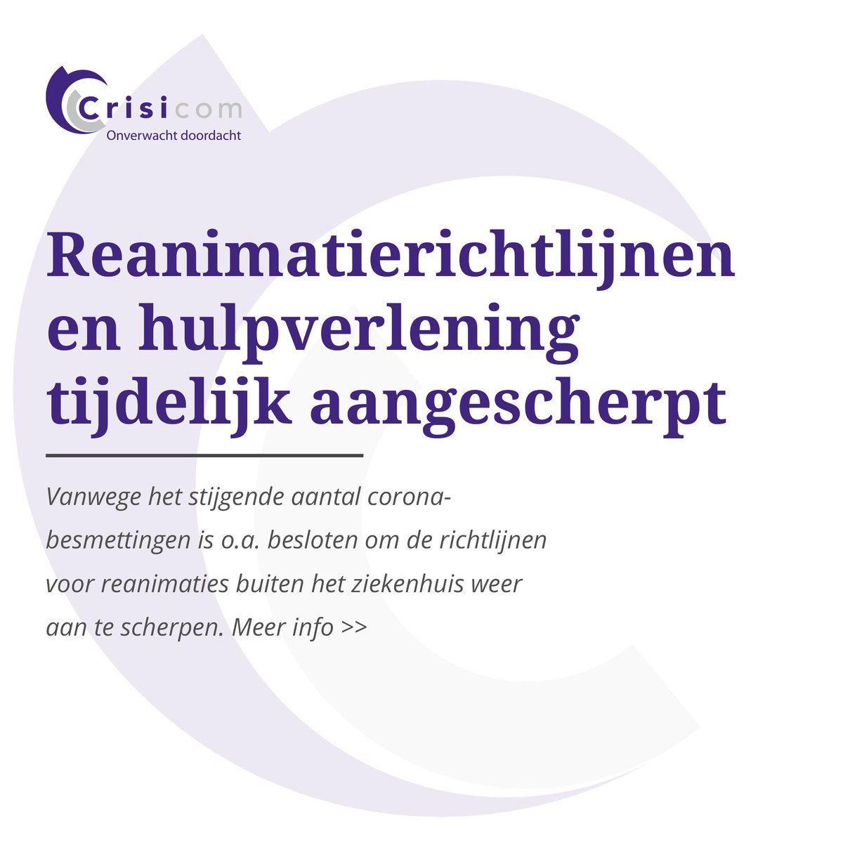 Vanwege het stijgende aantal coronabesmettingen is besloten om de richtlijnen voor #reanimaties buiten het ziekenhuis tijdelijk aan te scherpen. Daarnaast ook het dringende advies #mondneusmaskers te gebruiken tijdens een inzet. Meer informatie >> bit.ly/3jMDp7M #BHV