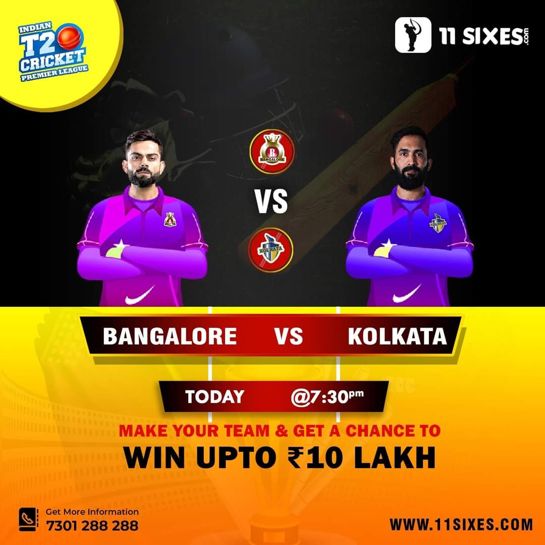 11sixesfantasy's tweet photo. Will the #runmachine be able to lead his team at 2nd consecutive victory ? Royal Challengers Bangalore vs Kolkata Knight Riders 🔥⚡ Stay Tuned at sharp 7:30pm tonight.
Download ⏬ &amp; play with us at #11sixes stand a chance to win mega Contest of 10lakh rs.💰🏏

 #hoodakifantasy https://t.co/GBQUEw4wJd