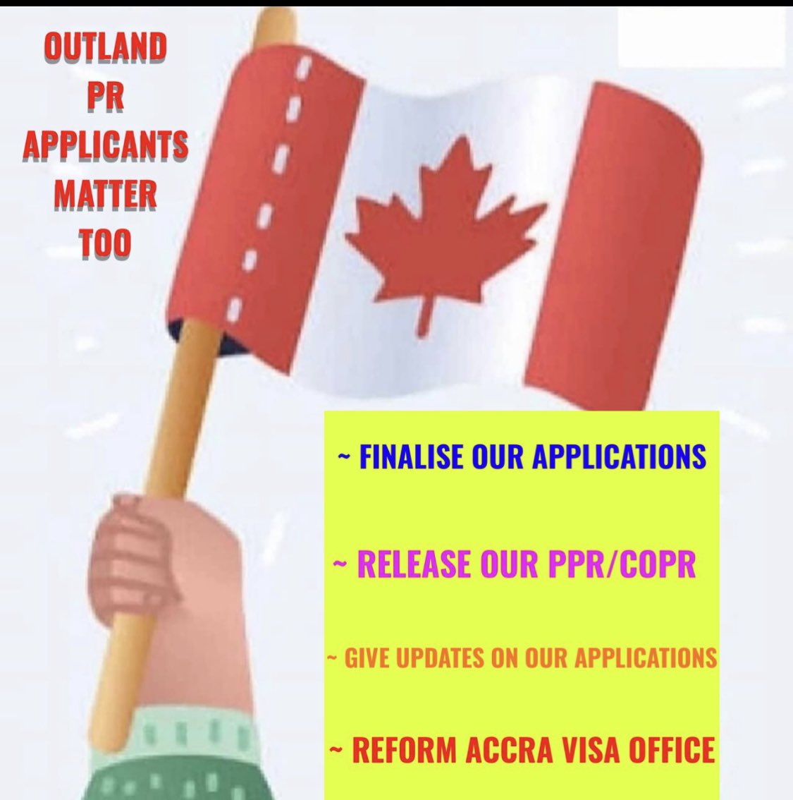 COPRPOSTMARCH18's tweet image. How much longer are we going to wait? Six months standard timeline applications turn years of waiting. 
Accra visa office, please hear our cry.
#ReleasePPR
#Releaseppraccra
#outland_PPRs
#PR_applicants_matter
@CitImmCanada
@MarcoMendicino
@JennyKwanBC
@CanHCGhana 
@Globehelp