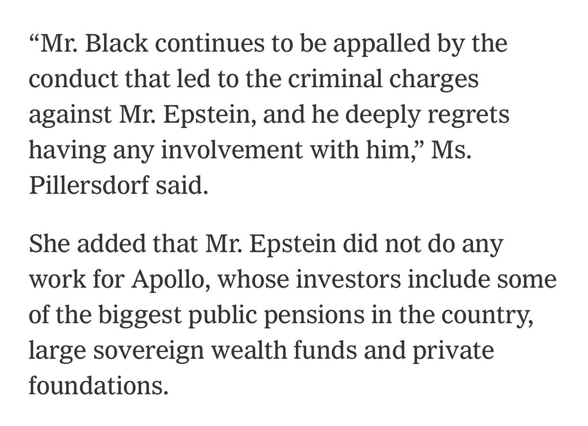 This is what Leon Black’s spokeswoman says to explain the $50M+ payments to Epstein.It raises as many questions as it answers.Also noteworthy that the relationship supposedly ended because of a “fee dispute,” not because of Black having any misgivings about Epstein.