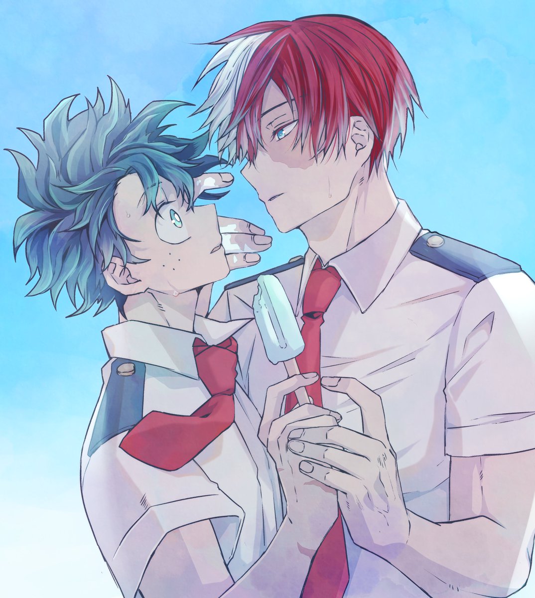 midoriya izuku ,todoroki shouto scar multiple boys 2boys male focus burn scar necktie red hair  illustration images