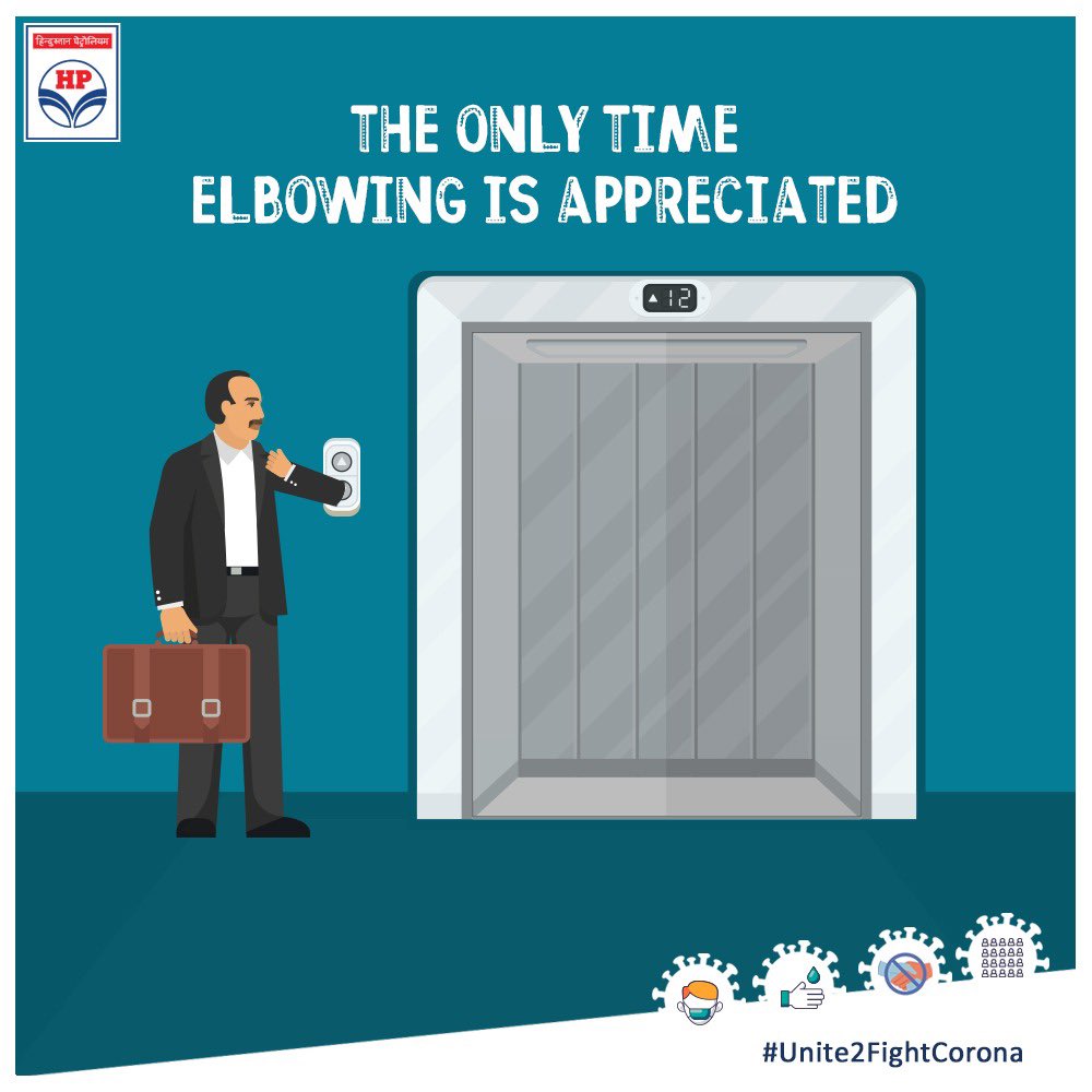 HPCL's tweet photo. Every day work and necessities lead us to venture out even in this #COVID19 crisis. But we can ensure our #safety by being #aware and following all safety measures. While using elevators, it’s advisable to avoid using fingers to press the buttons. #StaySafe #Unite2FightCorona https://t.co/OmLACdC6r9