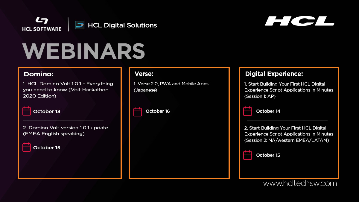 HCLDigital's tweet image. Join us for these awesome #webinars all around the world so we can help you solve challenges, unite disparate systems, automate every day, and realize the power of the possible. hclsw.co/rzqdow

#DigitalSolutionsAcademy
