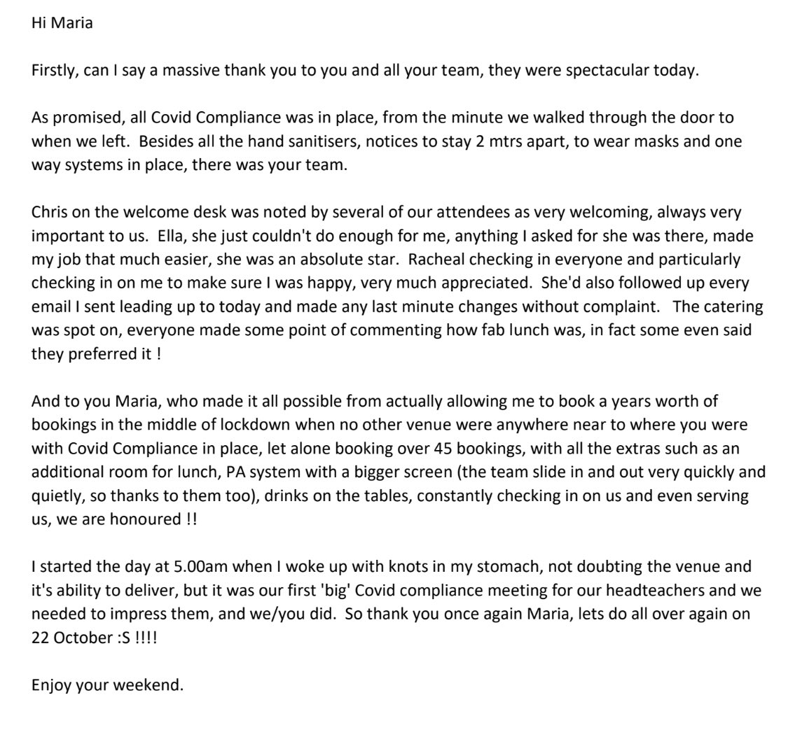 mariaflello's tweet photo. Opening my laptop this morning to find this lovely email from a customer who held their event with us on Friday has made my week! 
#edgbaston  #weregoodtogo #customerexperience #eventprof #proudmoments https://t.co/nuwYD9getL