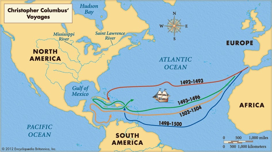 Columbus did not ever set foot upon what became the continental United States during any of his four voyages.Instead, a bit oddly, he kept returning to a series of Caribbean islands, without a clue that the entire giant continent of North America was only a short distance away.