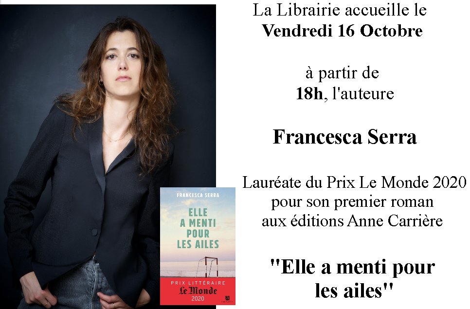 RDV le 16 Octobre avec Francesca Serra et son premier roman "Elle a menti pour les ailes" !
<a href="/VilledAjaccio/">Ville d’Ajaccio - Cità d'Aiacciu</a> 
#PrixLeMonde2020