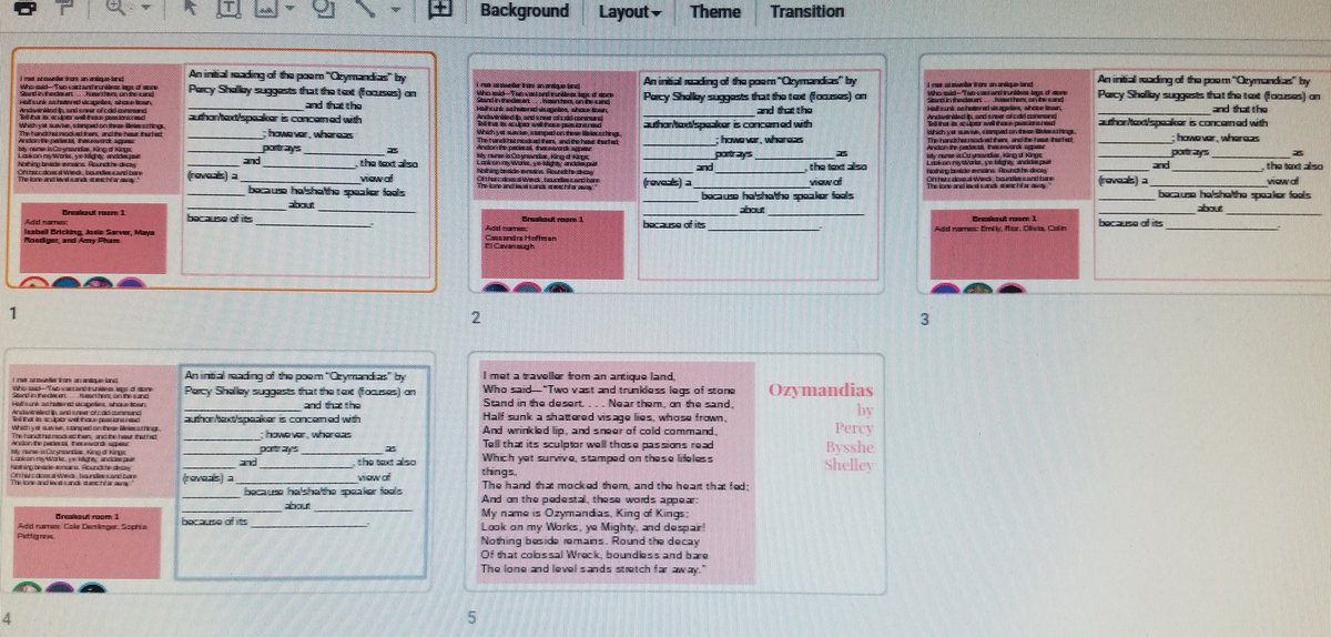 BetsyLWoods's tweet photo. Love using grid view to watch students in breakout rooms work on complex statements of meaning for "Ozymandias." #MorefortheM https://t.co/YxRjD2G49E