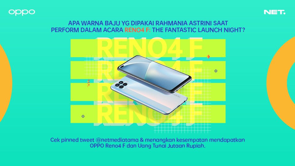 mdtvindonesia's tweet photo. Masih ada kesempatan untuk kamu menangin OPPO Reno4 F & uang tunai jutaan rupiah! Jawab pertanyaan kuisnya dengan cara kunjungi twitter @netmediatama
#OPPOReno4F #TheFantasticLaunchNight #ClearlyYourExpression #OPPOReno4FxNET https://t.co/dzf3z9PGDC