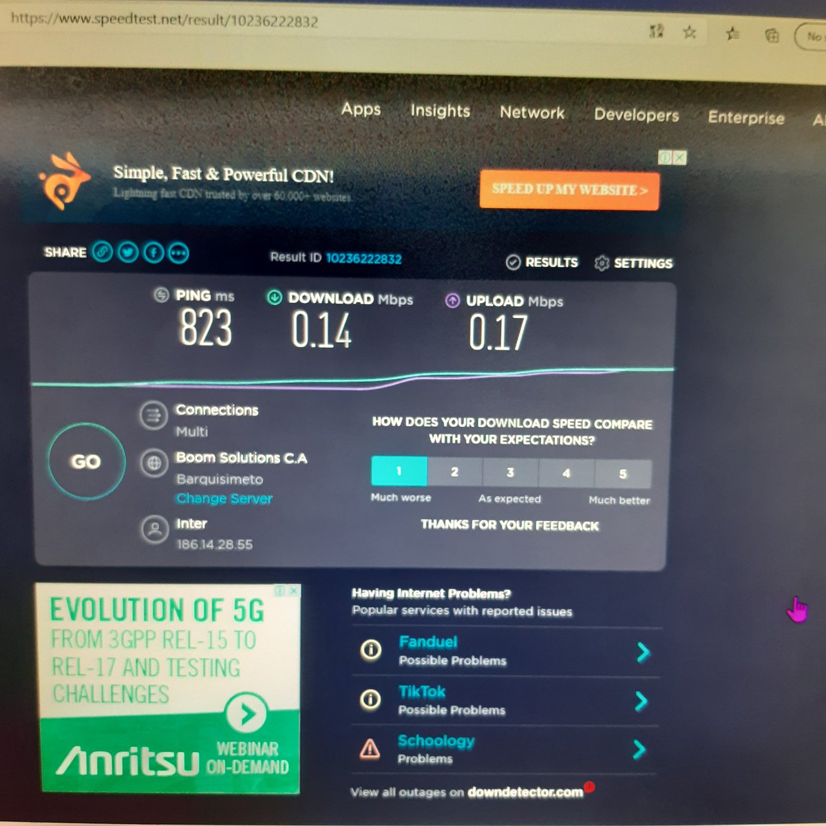 Dia #12Oct y que para "conectarnos" con Inter, en casa.
Esta es LA VELOCIDAD!!!!

Medido con speedtest.com

<a href="/Urbterrazaseste/">Urbanización Terrazas del Este</a> 

Ahh, y SIN AGUA POTABLE