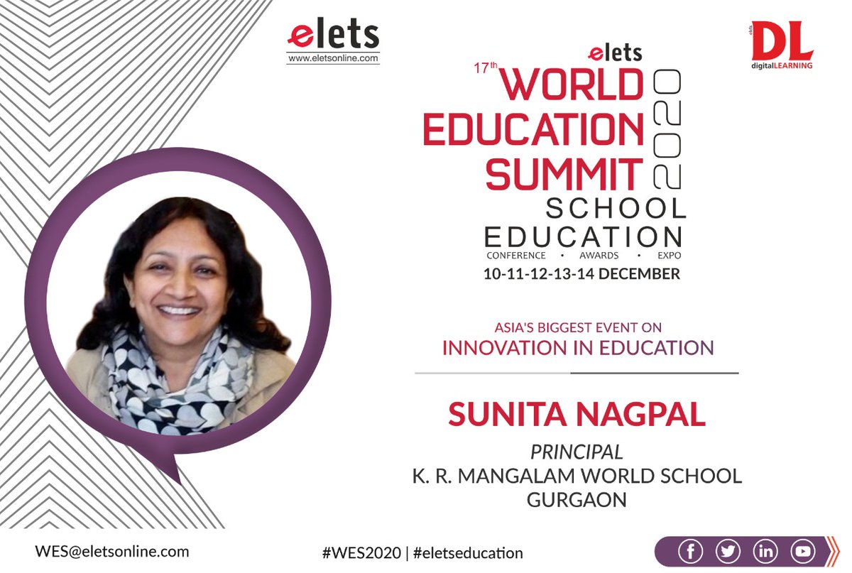 dl_magazine's tweet photo. We are delighted to announce Sunita Nagpal, Principal, @KRMWorldSchool, Gurgaon will join as a Speaker at 17th World Education Summit &amp; Awards 2020 on 10th-14th December.

To know more about #virtualsummit; please visit: https://t.co/hNO8vjNk6V

#WES2020 #EletsEducation https://t.co/kztOJeRWhp