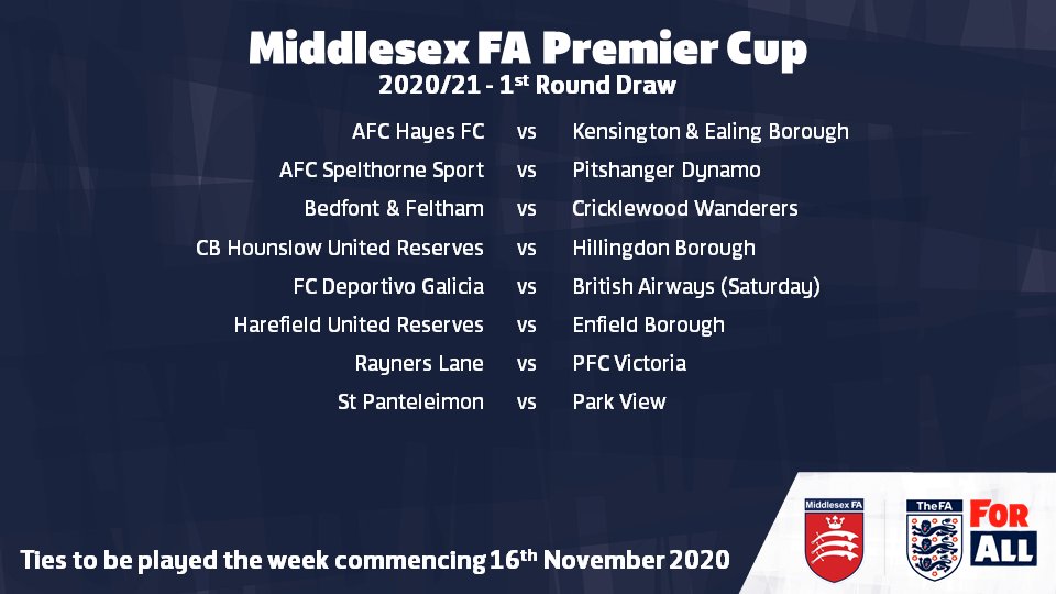 Middlesex FA ⚽️ (@middxfa) on Twitter photo CUP DRAWS | We are pleased to share the First Round Draw of the 2020/21 Premier Cup.
Featuring a Hatton Road derby between <a href="/FCDGalicia/">FC Deportivo Galicia</a> & <a href="/BritishAFC/">British Airways FC</a> 🔥 CUP DRAWS | We are pleased to share the First Round Draw of the 2020/21 Premier Cup.
Featuring a Hatton Road derby between <a href="/FCDGalicia/">FC Deportivo Galicia</a> & <a href="/BritishAFC/">British Airways FC</a> 🔥