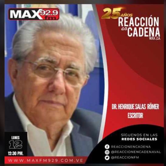 hfsalasromer's tweet photo. Henrique Salas Romer hoy 12:30 pm en Reacción en Cadena con Wilmer Rafael Hernández por @maxfm929 @reaccionencadenaval  @hwilmerrafael. El programa puede oírse a través de la web en https://t.co/N1nTowLfZS
¡Imperdible! https://t.co/un4VtbpqRb