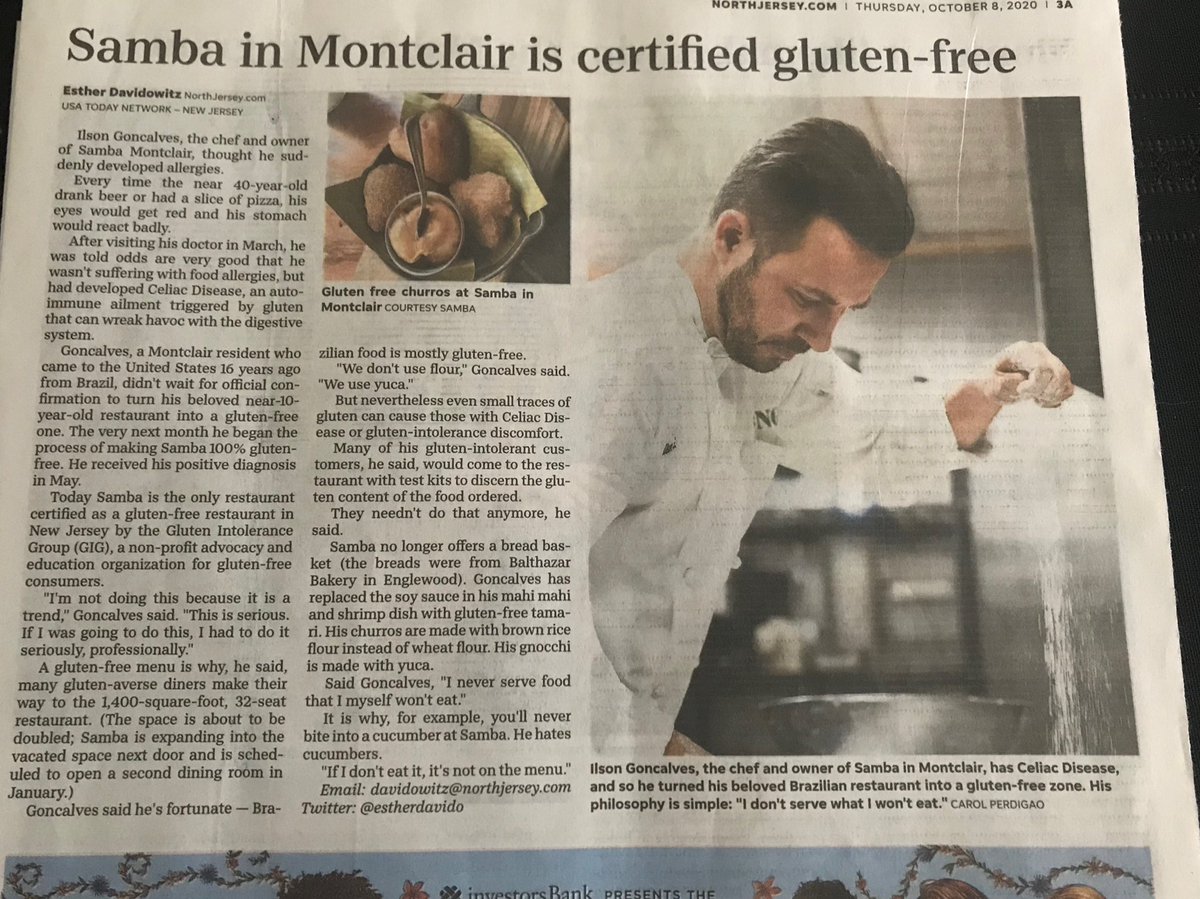 sambamontclair's tweet photo. "I'm not doing this because it is a trend," said Ilson Goncalves, the chef and owner of Samba Montclair who was diagnosed with Celiac Disease earlier this year. 
"This is serious. If I was going to do this, I had to do it seriously, professionally." https://t.co/aYSoBCAIyV