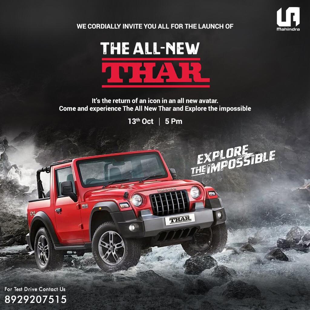UtkalMahindra's tweet photo. We cordially invite you all to our Mancheswar Showroom, Bhubaneswar for the launch of #TheAllNewThar on 13th Oct'20, 5 pm onwards.

#ExploreTheImpossible #MahindraThar #UtkalAutomobiles #Bhubaneswar https://t.co/QiicMOkLux