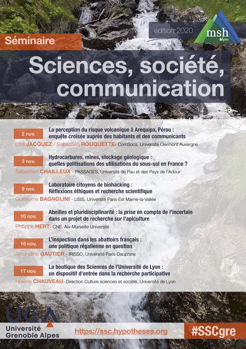 🧰 Voici le programme de la 4ème édition du séminaire <a href="/MSH_A/">MSH-Alpes</a> <a href="/UGrenobleAlpes/">Université Grenoble Alpes</a> "Sciences, société, communication" 
🗓️ Du 2 au 17 novembre, chaque lundi et mardi après-midi
👉 Plus d'info : msh-alpes.fr/recherche/semi…
#⃣ A suivre sur #SSCgre et ssc.hypotheses.org
#CSTgre