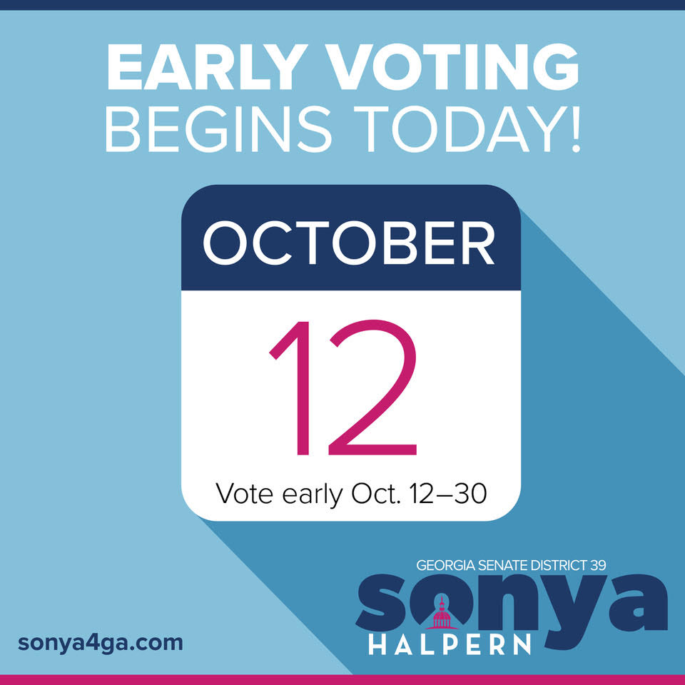 SonyaHalpern_'s tweet photo. Early voting begins today! Find a polling location close to you here: https://t.co/mt9fbRkVqy. If you live in State Senate District 39,  you'll need to request a ballot that includes the special election. Don't forget your ID and mask! #SonyaOnYourSide #GASD39 #gapol https://t.co/PPHJchITqG