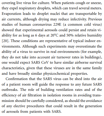 Finally, studies of a cold coronavirus (229E) show it might remain in aerosols, and b/c the viral family, "one would expect" similar properties (to SARS). A point I have made.Conclude we should investigate air, and this will guide future responses. Mention ventilation.2005.