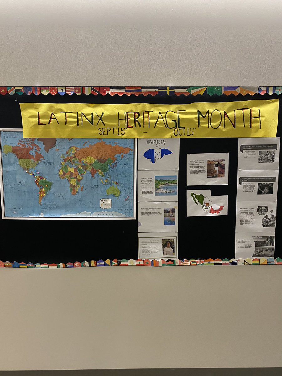 nkcstuco's tweet photo. LatinX Heritage month information is popping up around the school!  The students have worked very hard on saying the morning announcements in Spanish and English and these items as well! #ExpandingOurKnowledge #NorthtownTRUE https://t.co/hK5ETNM0aQ