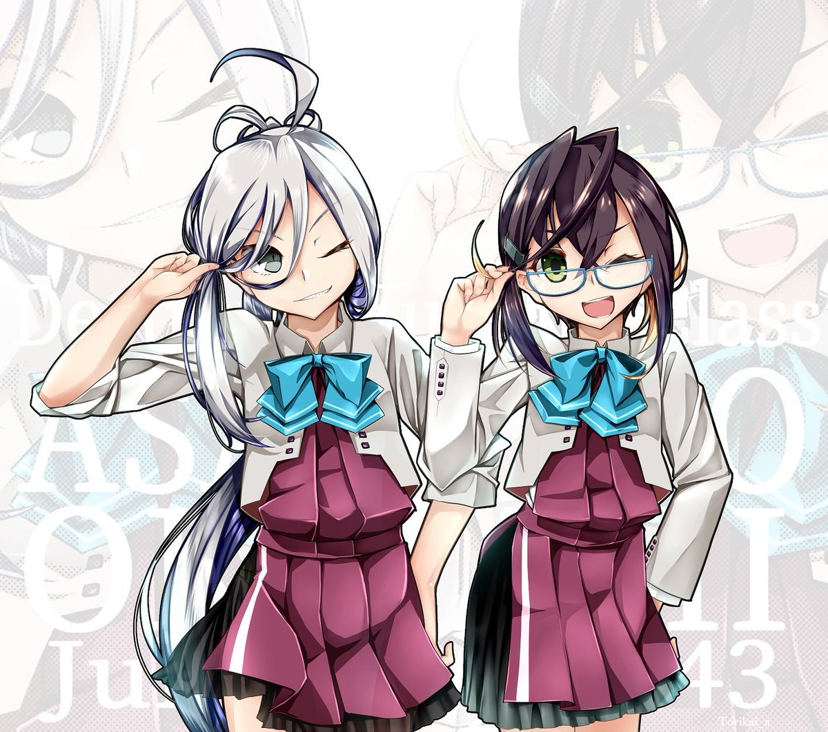 asashimo (kancolle) ,okinami (kancolle) multiple girls 2girls blue-framed eyewear glasses one eye closed green eyes jacket  illustration images
