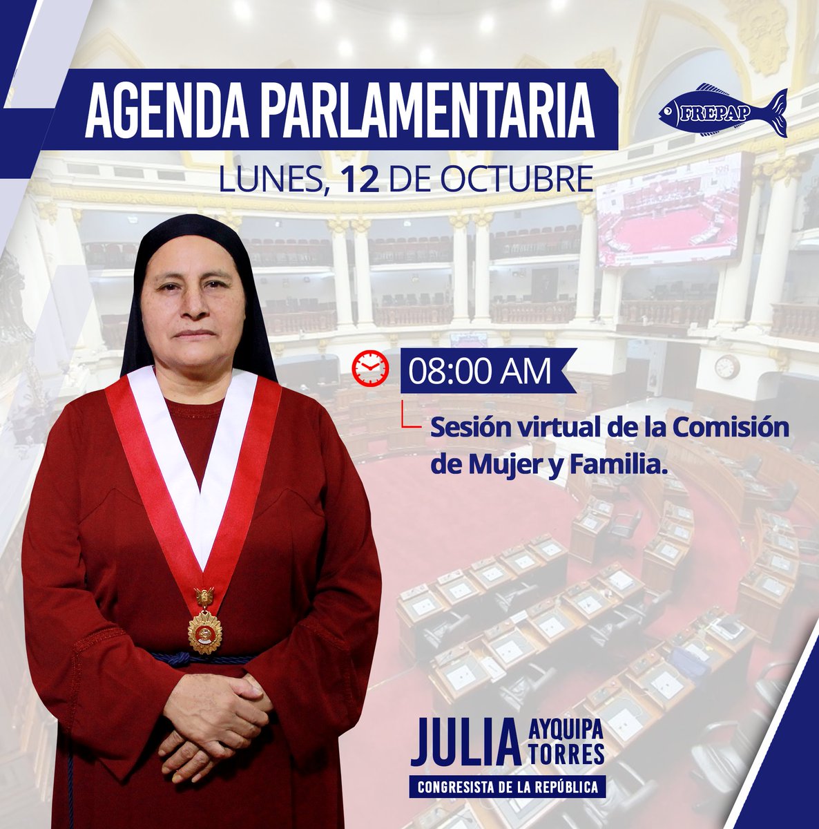 ayquipa_julia's tweet photo. Comparto mi agenda parlamentaria para hoy lunes 12 de octubre. Desde la bancada del #Frepap, seguiré trabajando en representación de todos los peruanos. https://t.co/td2SmHl9yH