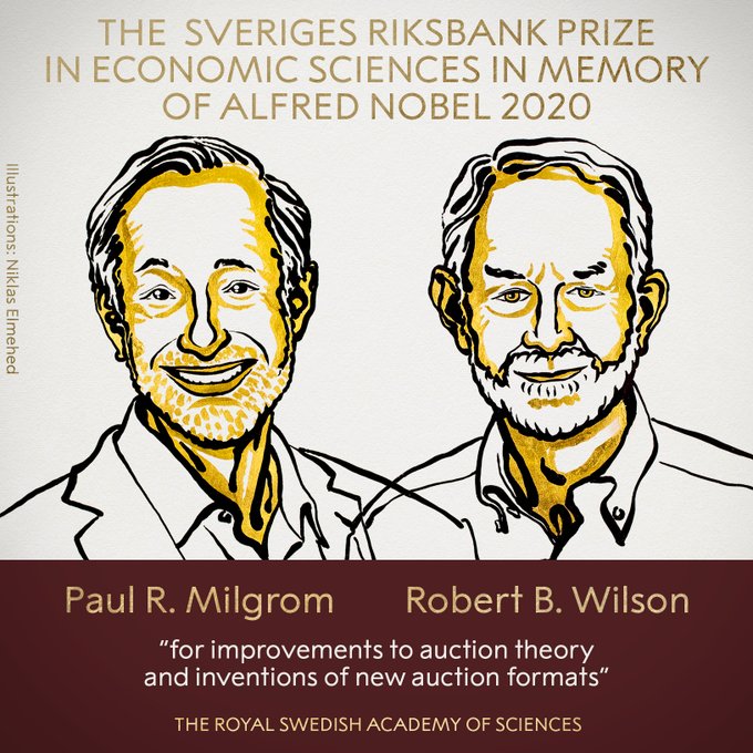 Paul Milgrom & Robert Wilson win #NobelPrize2020 in #EconomicSciences “for improvements to auction theory & inventions of new auction formats.” Set up in 1969, it is known as #SverigesRiksbankPrize in Economic Sciences in Memory of #AlfredNobel. #NobelPrizeineconomics #MIG