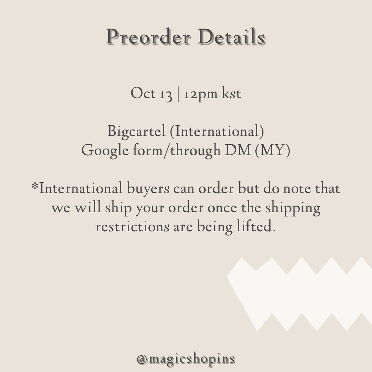 Help rtHi everyone! here's the preorder details for tomorrow shop update! Please swipe left to see all the items that will be available for preorder! I also put the countdown on my ig story so do check them out! As i stated in the photo, international buyers can order but +