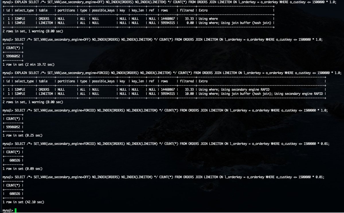 Interesting post by <a href="/ogrovlen/">Øystein Grøvlen</a> (and <a href="/j_tommaney/">Jim Tommaney</a> x.com/j_tommaney/sta…) on MySQL Hash Join -- A sanity check with Oracle MySQL Analytics Service (MAS), aka RAPID reveals a speed up of >500X!