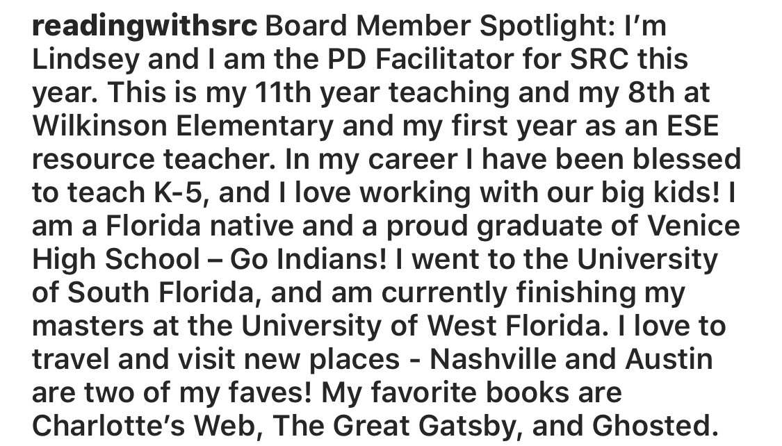 ReadingWithSRC's tweet photo. Board Member Spotlight: Lindsey! https://t.co/yfH9pCGVS9