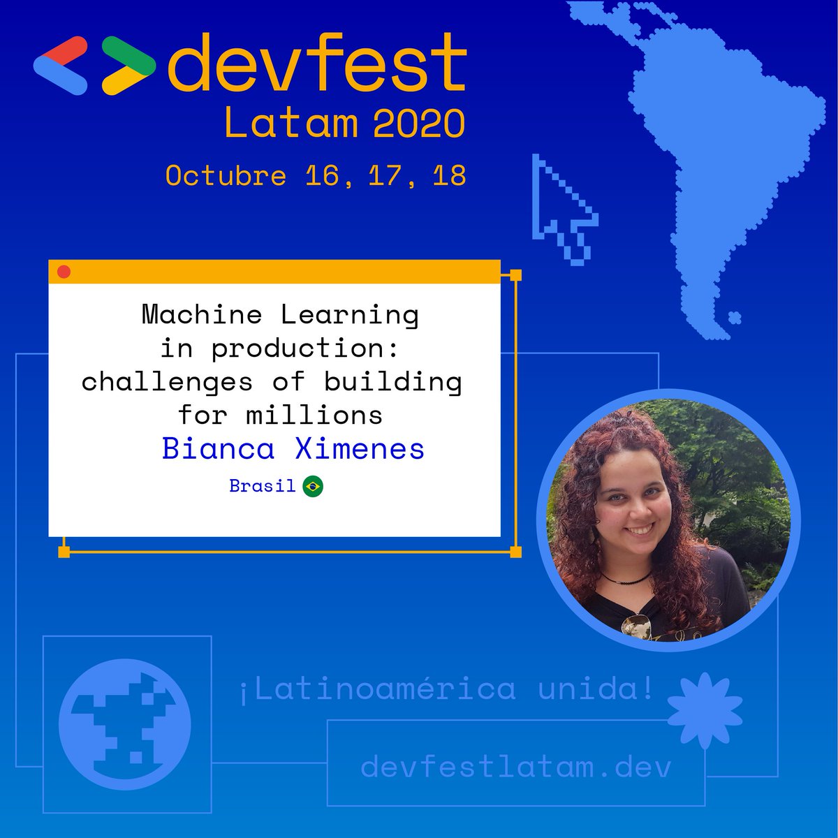 gdgbsas's tweet image. Bianca Ximenes - Speaker Dev Fest Latam 2020
Recife, Brasil.Artificial Intelligence Product Manager at Gupy. Google Developer Expert in Machine Learning, Doctoral Candidate in Computer Science at UFPE.#DEVFESTLATAM
➡️Regístrate en : shorturl.at/prDFO