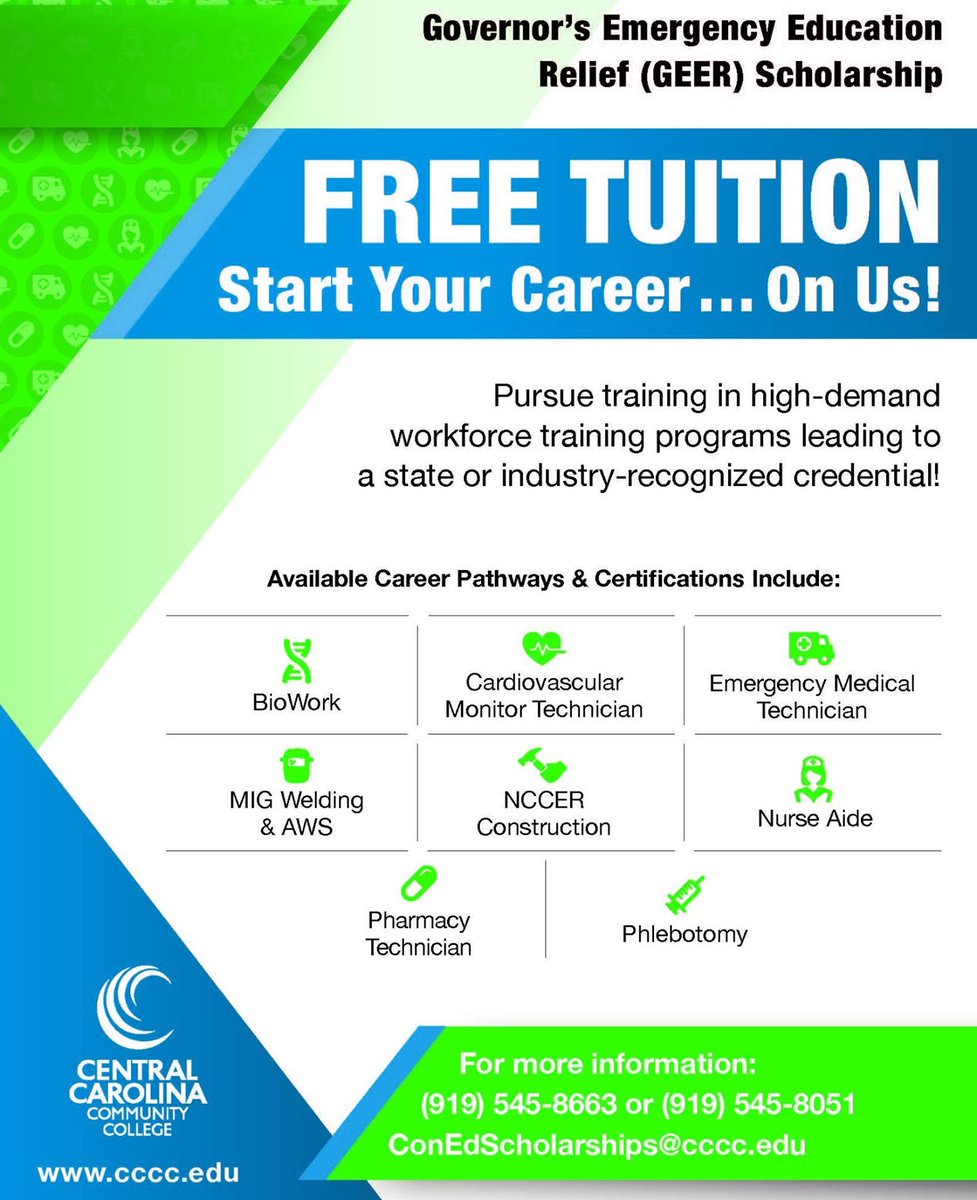 iamcccc's tweet image. FREE TUITION. Pursue training in high-demand workforce training programs! It's possible at @iamcccc thanks to the Governor's Emergency Education Relief Scholarship. For more information, call (919) 545-8663 or (919) 545-8051 ... or email to ConEdScholarships@cccc.edu.
#CCCCSTRONG