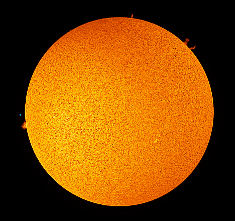 fj_wallace's tweet photo. Happy Solar Week! My first tweet! Cloudy here in ME but hope to post solar pics this week. This is H-a composite image from yesterday. Small prominences (plasma off Sun); active sunspot region (bright) and filament (dark below sunspots). #NASASolarWeek https://t.co/hLpln0qZTO