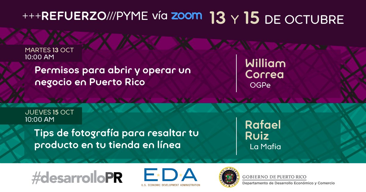 Esta semana en #RefuerzoPyme:

Descubre los permisos que necesitas para abrir un negocio, registrándote en: bit.ly/RefuerzoPermis… 
Aprende tips de fotografía de Rafael Ruiz de <a href="/lamafiapr/">La Mafia, PuertoRico</a> para resaltar tus productos registrándote en: bit.ly/RefuerzoTipsFo… 
#desarrolloPR