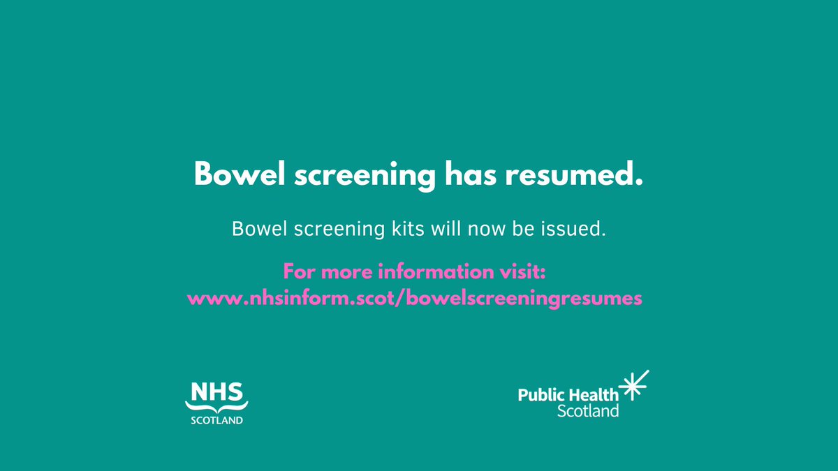 Bowel screening kits are now being sent out. If you received a kit before the programme was paused please complete and return it now. For more information visit
nhsinform.scot/bowelscreening…