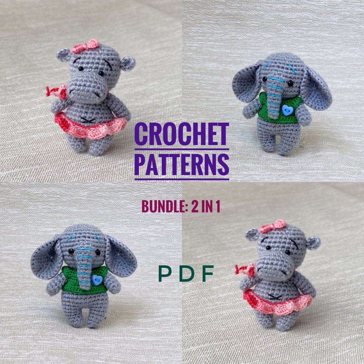 CrochetToy's tweet image. BUNDLE: Crochet patterns HIPPO &amp;amp; ELEPHANT, Crochet toy tutorial, African animals patterns, Miniature amigurumi etsy.me/34Nmc86 #christmas #crochet #crochettoytutorial #miniatureamigurumi #hippopatterns #elephantpattern #easycrochetpattern #hippoamigurumi #etsy