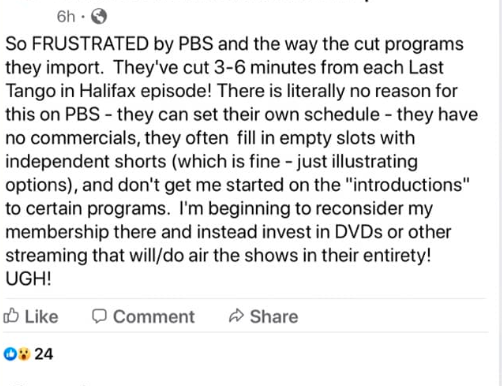 This screencap is from a source but I'm using it as an example of the kind of complaint I'm sick of hearing around fandom. PBS has LEGAL AND FINANCIAL REASONS for episode editing on broadcast airings.