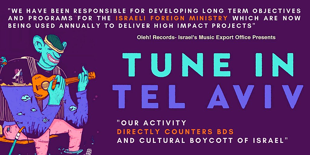 PACBI's tweet photo. Boycott Tune in (apartheid) Tel Aviv!
Organizer Oleh! Records was founded partly "as a means to counter" the nonviolent Boycott, Divestment and Sanctions (BDS) movement for Palestinian rights.
Board members include #CCFPfraud co-founder Steve Schnur.
https://t.co/j6pcLzhQW8 https://t.co/Qriob16Heb
