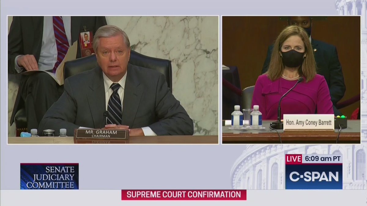 Amy Coney Barrett is wearing a mask. Lindsey Graham is not. (Follow for a video thread of Coney Barrett's confirmation hearing.)
