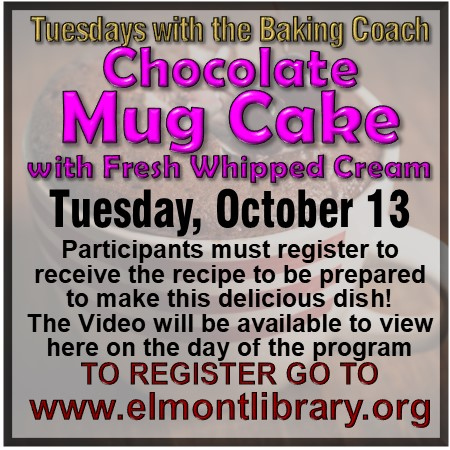 ElmontLibrary's tweet image. Chocolate Mug Cake with the Baking Coach!

#elmontmemoriallibrary #librariesoftheworld #weareopen #cantwaittoseeyou #librariesrock #wearamask #6ftapart

Register at elmontlibrary.org