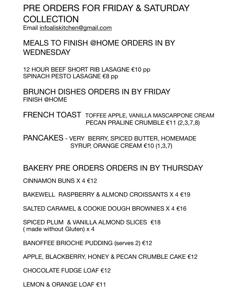 This weeks Pre order menu! Get your orders in to Advil’s disappointment! #supportlocal #corkcity #madeincork #akcork