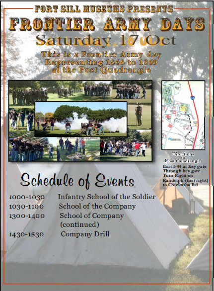 USArmyFortSill's tweet photo. Please join us at the Old Post Quadrangle on Saturday, October 17th from 10am - 3:30 pm as we re-live our Frontier Army days. Obtain a Visitor's Pass from the VCC at Bentley Gate. COVID-19 mitigation measures will be followed. See you there!

#Values #FrontierLiving https://t.co/JkiNUdxDc1