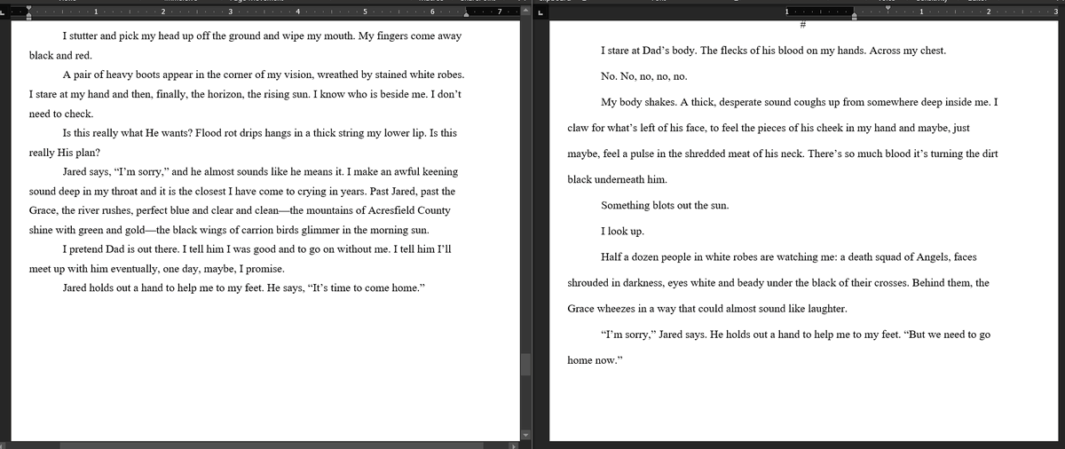 okay ngl this is kind of blowing my mind. the left document: today. the right: early 2020. same story, same characters, same first chapter.this is the difference made by less than a year of practice. if you're practicing, you're improving, even if you can't see it right now.