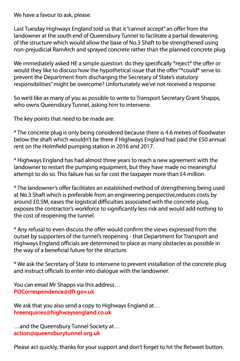 QburyTunnel's tweet photo. We have a favour to ask.
Please email @grantshapps and ask him to instruct HE/DfT to enter into dialogue with the landowner who has offered to partially dewater QT so that non-prejudicial RamArch/concrete can be installed below No.3 Shaft, not the planned plug.
Details attached. https://t.co/Fsx7xj4dgX