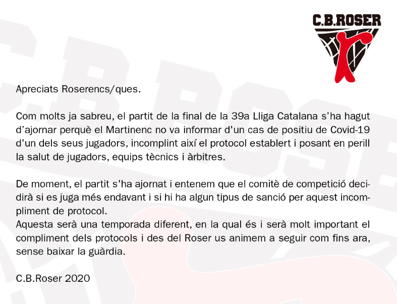 cbroser1933's tweet photo. Comunicat oficial del C.B.ROSER sobre la suspensió de la final 39a Lliga Catalana. https://t.co/cHWM86aJGo