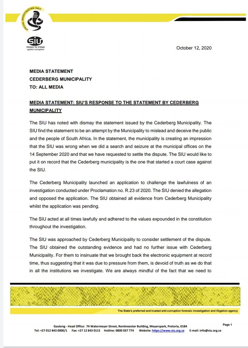 RSASIU's tweet photo. Media Statement: SIU's response to the statement by Cederberg Municipality.
#siu
#SIUProgress
#Covid19Corruption https://t.co/b98CnrT1Zx