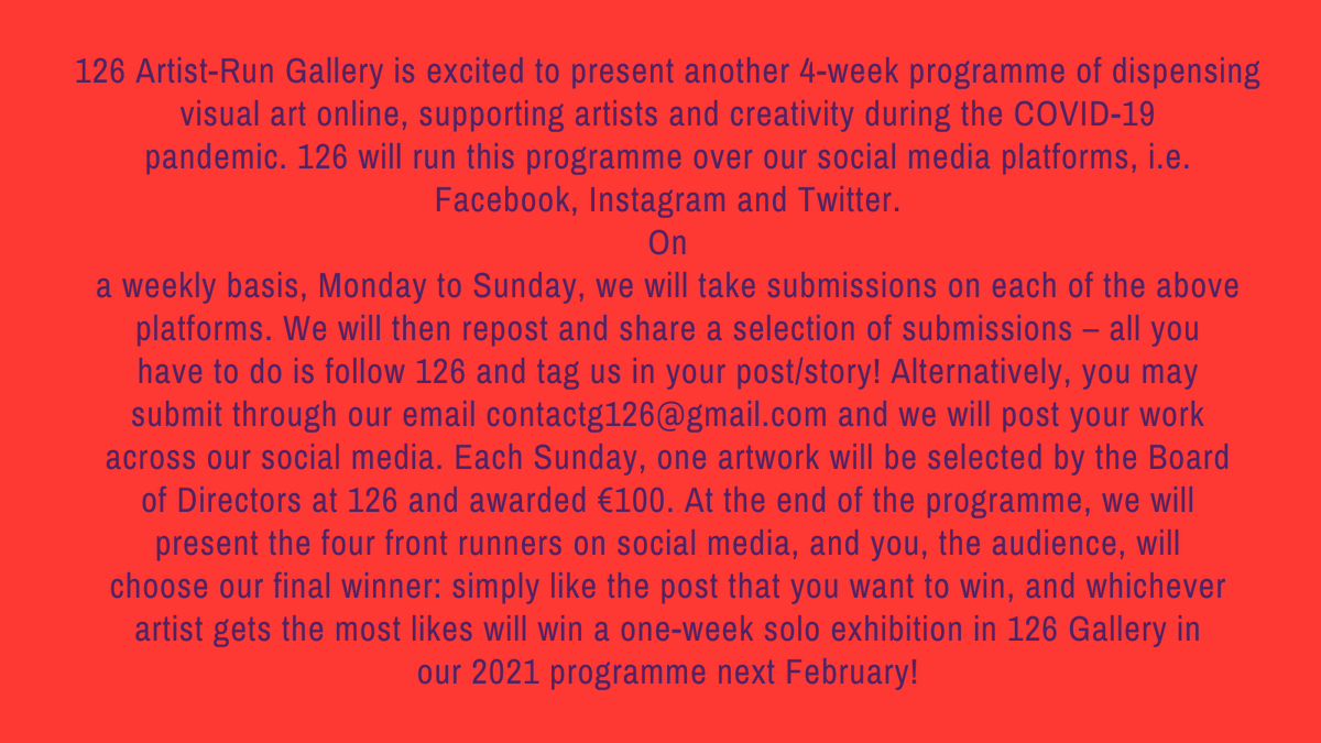 126Gallery's tweet photo. #126BACKINGCREATIVITY

*ANNOUNCEMENT*
Win a one week solo exhibition in 126 Gallery's 2021 programme!

Week 1: 12 Oct – 18 Oct
Week 2: 19 Oct – 25 Oct
Week 3: 26 Oct – 1 Nov
Week 4: 2 Nov – 8 Nov https://t.co/HVWC5jHaja